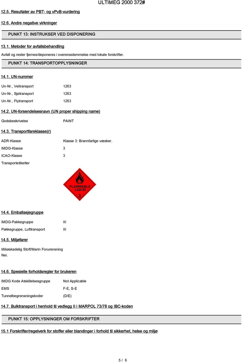 3. Transportfareklasse(r) ADR-Klasse Klasse 3: Brannfarlige væsker. IMDG-Klasse 3 ICAO-Klasse 3 Transportetiketter FLAMMABLE LIQUID 3 14.