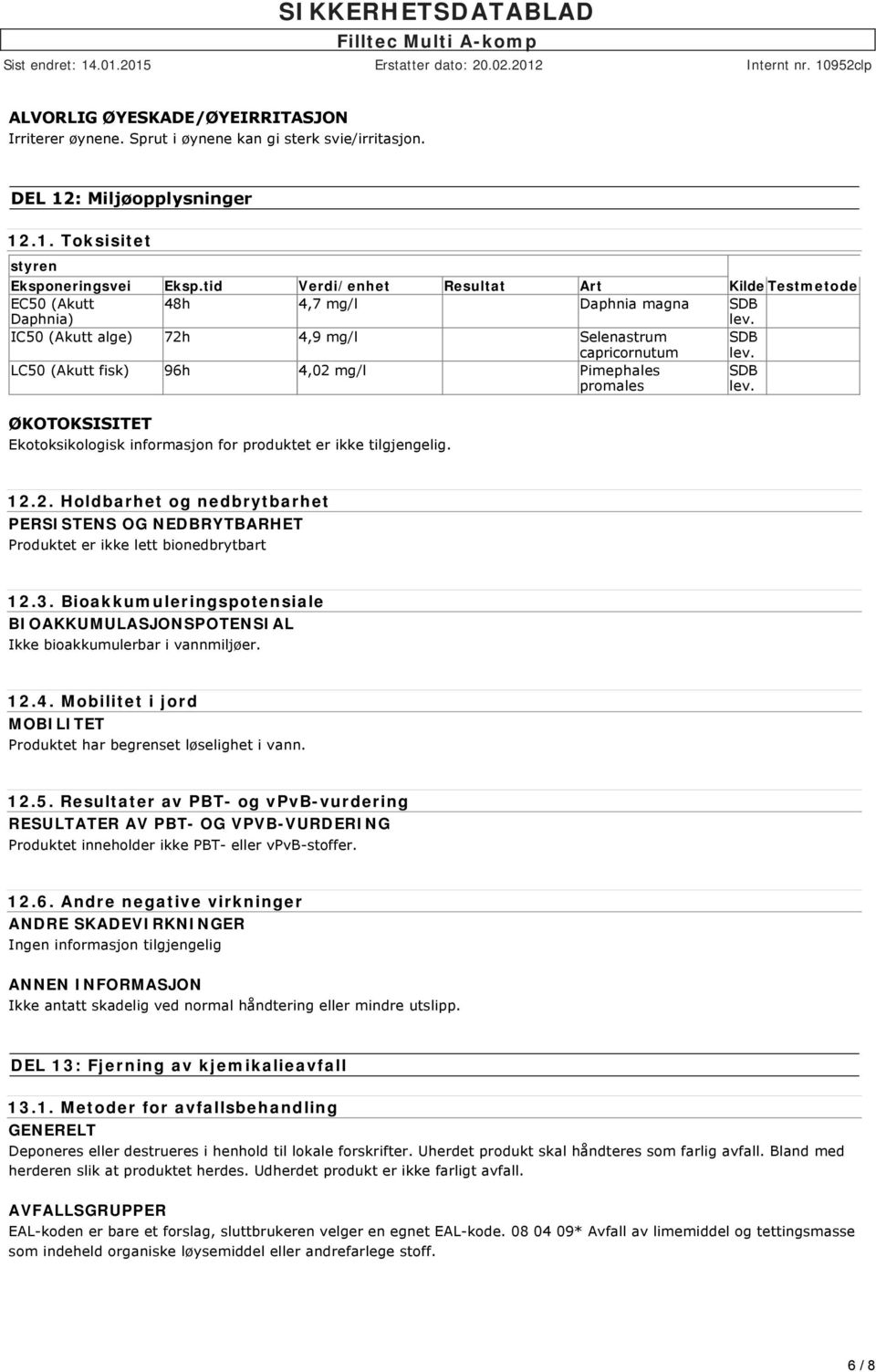 LC50 (Akutt fisk) 96h 4,02 mg/l Pimephales promales SDB lev. ØKOTOKSISITET Ekotoksikologisk informasjon for produktet er ikke tilgjengelig. 12.2. Holdbarhet og nedbrytbarhet PERSISTENS OG NEDBRYTBARHET Produktet er ikke lett bionedbrytbart 12.