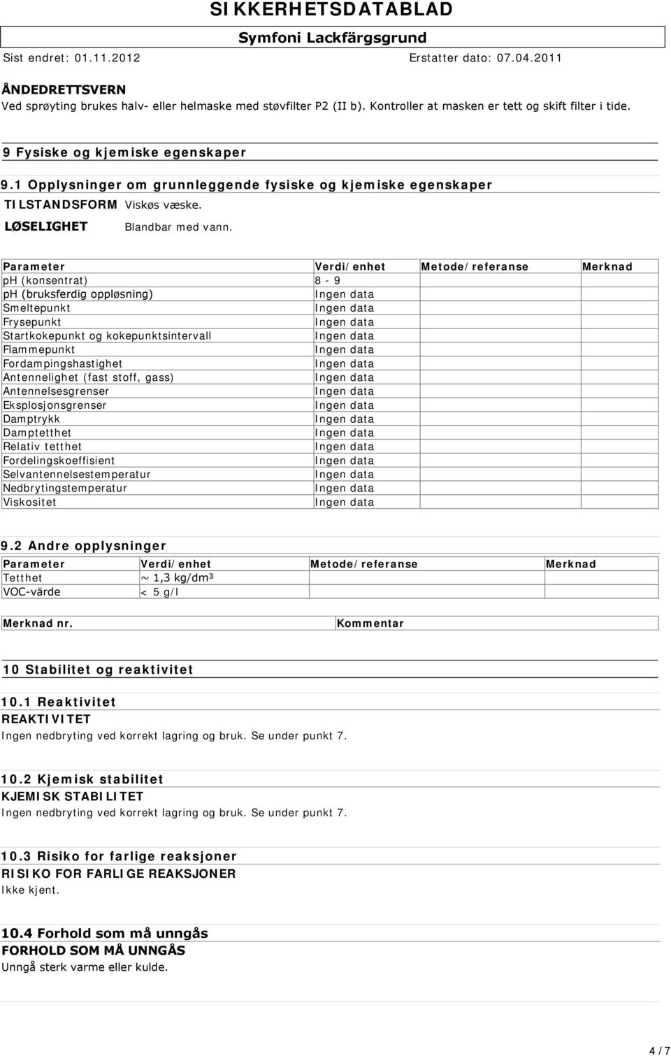 Parameter Verdi/enhet Metode/referanse Merknad ph (konsentrat) 8-9 ph (bruksferdig oppløsning) Smeltepunkt Frysepunkt Startkokepunkt og kokepunktsintervall Flammepunkt Fordampingshastighet