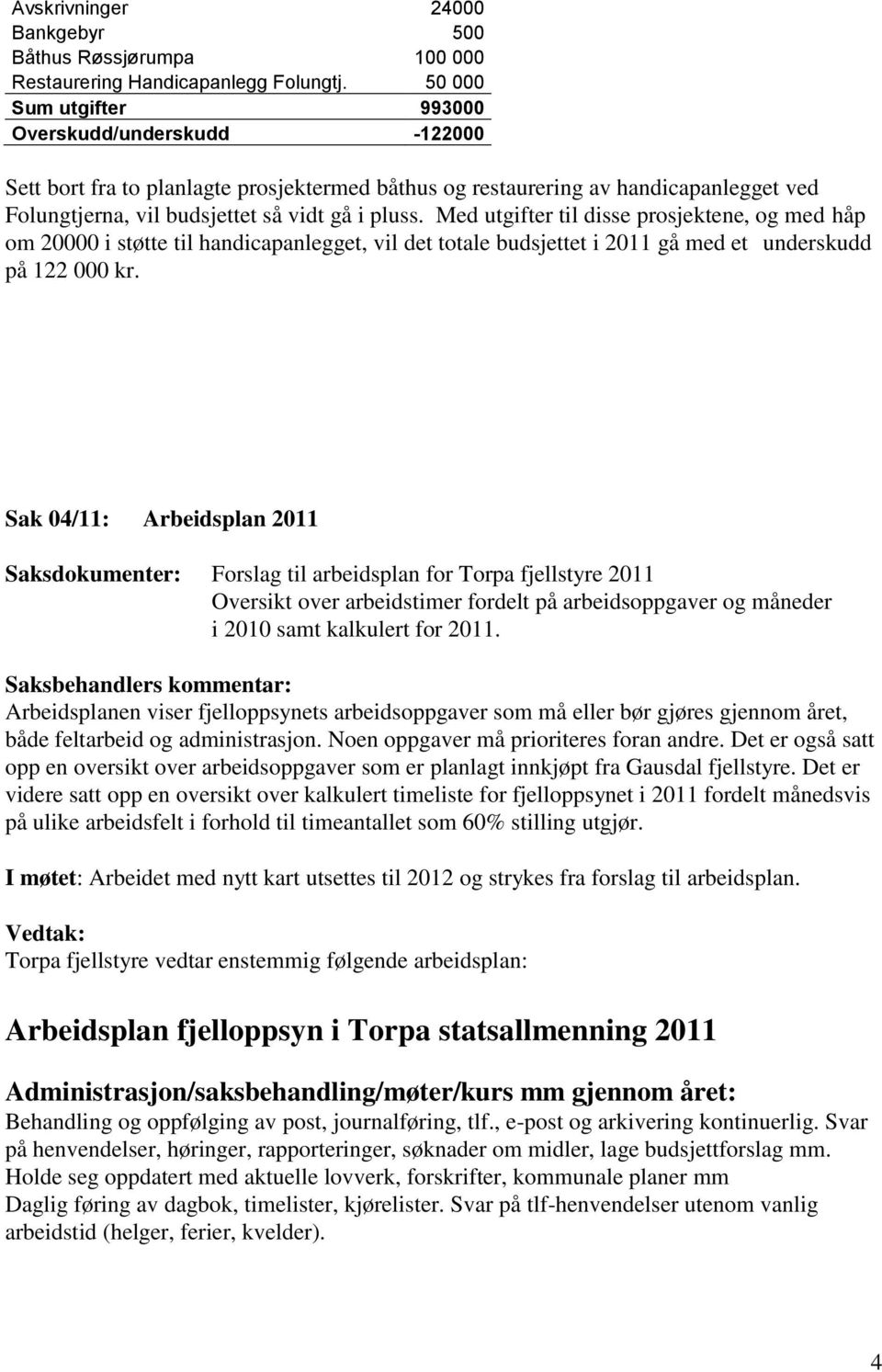 Med utgifter til disse prosjektene, og med håp om 20000 i støtte til handicapanlegget, vil det totale budsjettet i 2011 gå med et underskudd på 122 000 kr.