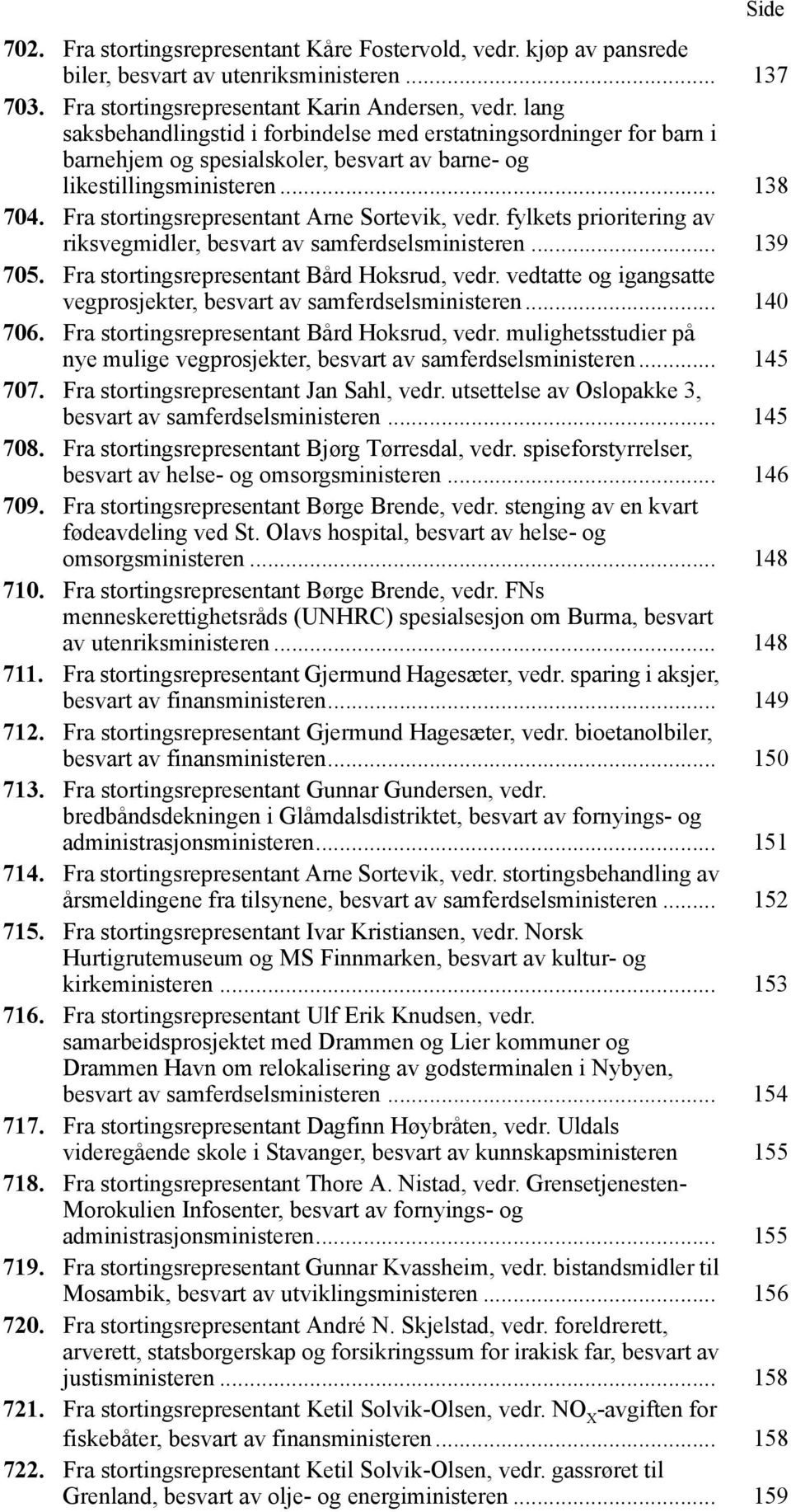 Fra stortingsrepresentant Arne Sortevik, vedr. fylkets prioritering av riksvegmidler, besvart av samferdselsministeren... 139 705. Fra stortingsrepresentant Bård Hoksrud, vedr.