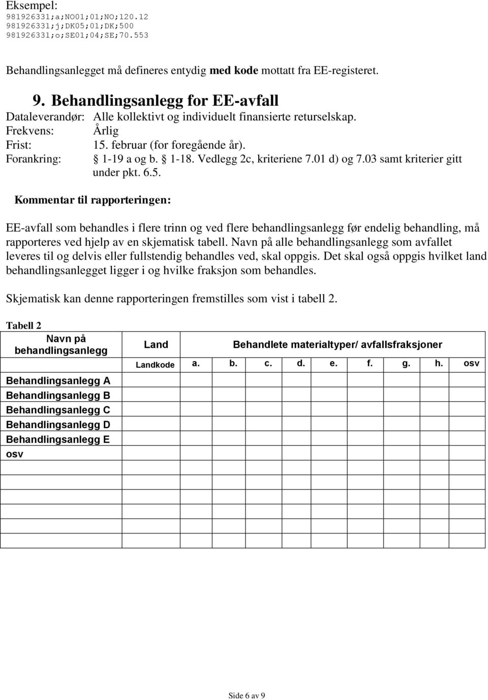 EE-avfall som behandles i flere trinn og ved flere behandlingsanlegg før endelig behandling, må rapporteres ved hjelp av en skjematisk tabell.