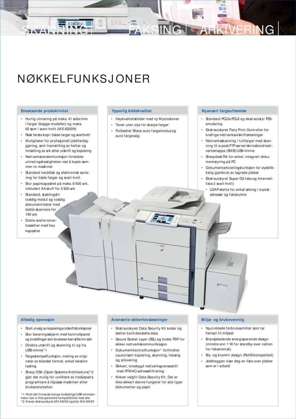 Nettverkstandemfunksjon fordobler utmatingshastigheten ved å kople sammen to maskiner Standard harddisk og elektronisk sortering for både farger og svart-hvitt Stor papirkapasitet på maks.