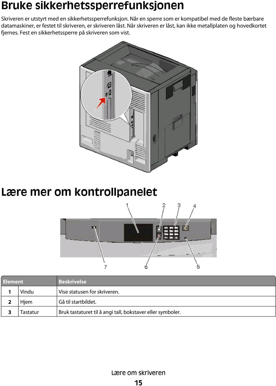 Når skriveren er låst, kan ikke metallplaten og hovedkortet fjernes. Fest en sikkerhetssperre på skriveren som vist.