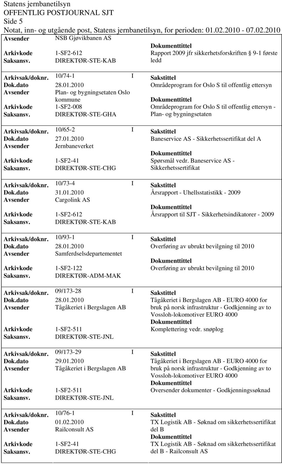 DIREKTØR-STE-GHA Plan- og bygningsetaten Arkivsak/doknr. 10/65-2 I Sakstittel Dok.dato 27.01.2010 Baneservice AS - Sikkerhetssertifikat del A Avsender Jernbaneverket Arkivkode 1-SF2-41 Spørsmål vedr.