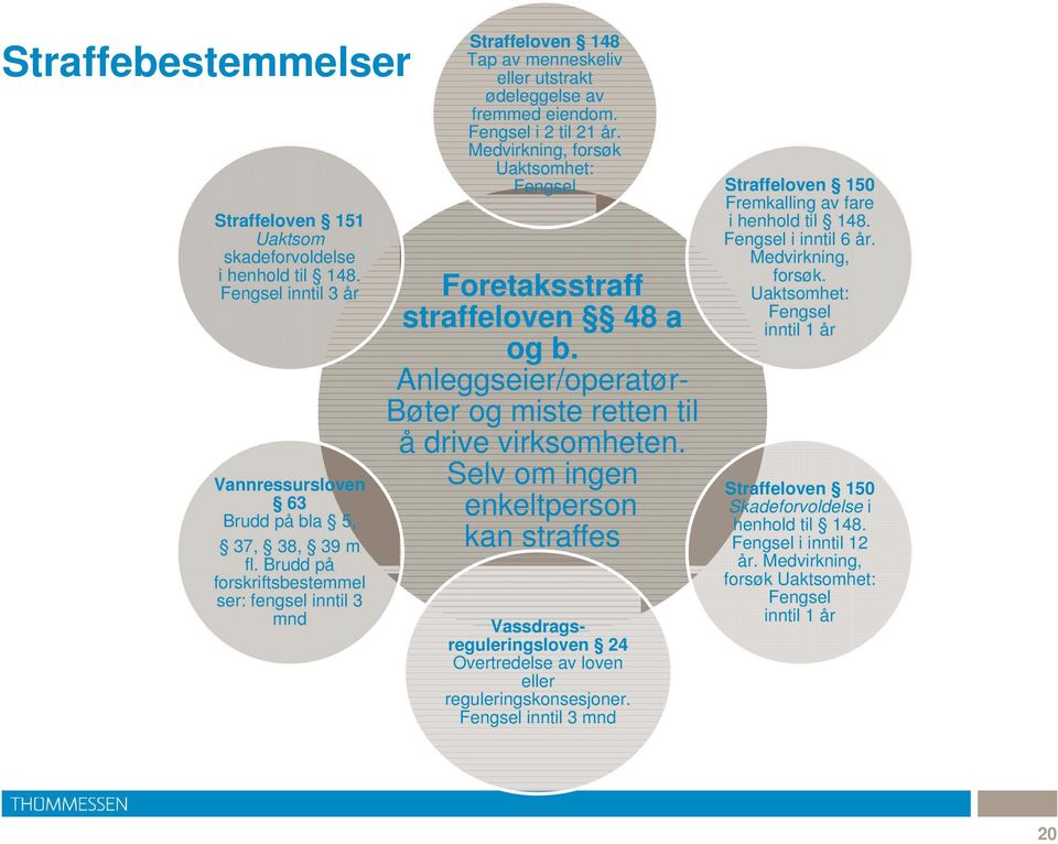 Medvirkning, forsøk Uaktsomhet: Fengsel Straffeloven 150 Fremkalling av fare i henhold til 148. Fengsel i inntil 6 år. Medvirkning, Foretaksstraff straffeloven 48 a og b.