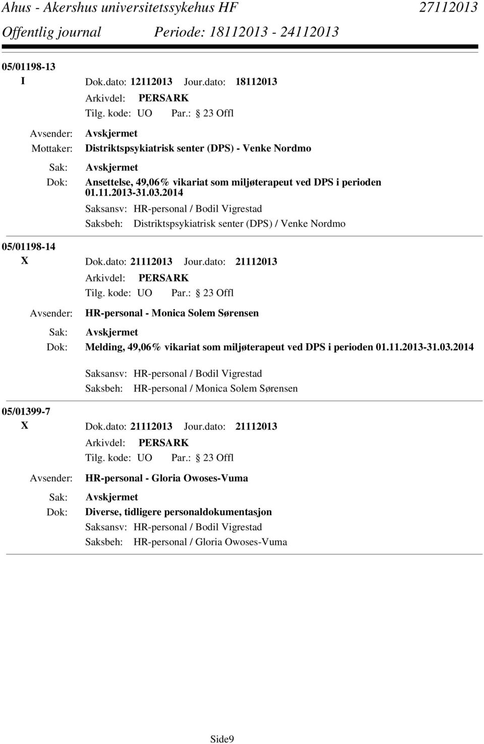 dato: 21112013 HR-personal - Monica Solem Sørensen Melding, 49,06% vikariat som miljøterapeut ved DPS i perioden 01.11.2013-31.03.