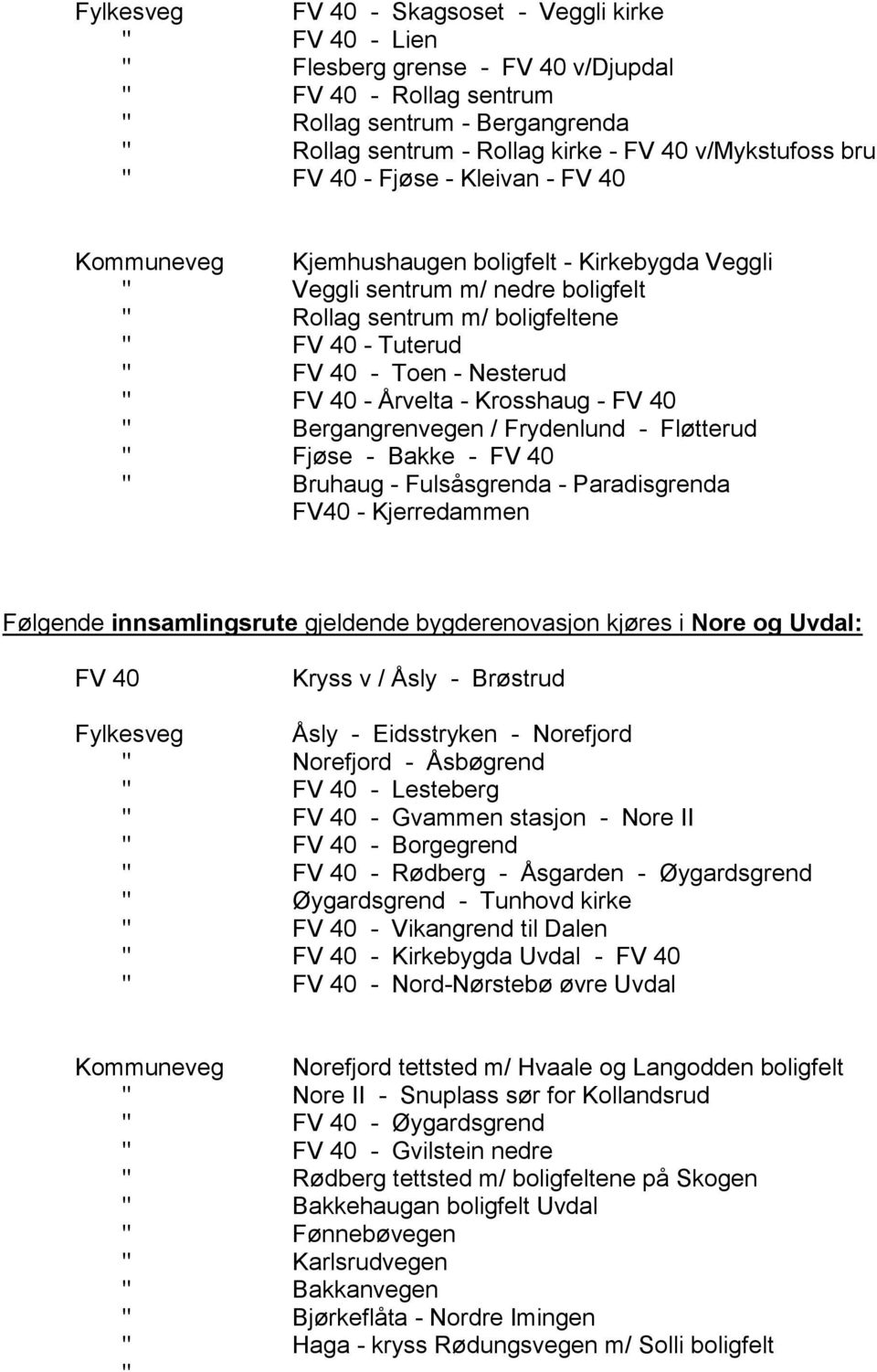40 - Toen - Nesterud " FV 40 - Årvelta - Krosshaug - FV 40 " Bergangrenvegen / Frydenlund - Fløtterud " Fjøse - Bakke - FV 40 " Bruhaug - Fulsåsgrenda - Paradisgrenda FV40 - Kjerredammen Følgende