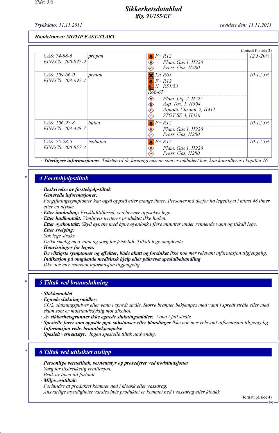 Gas 1, H220 Press. Gas, H280 (fortsatt fra side 2) 12,5-20% 10-12,5% 10-12,5% 10-12,5% Ytterligere informasjoner: Teksten til de fareangivelsene som er inkludert her, kan konsulteres i kapittel 16.