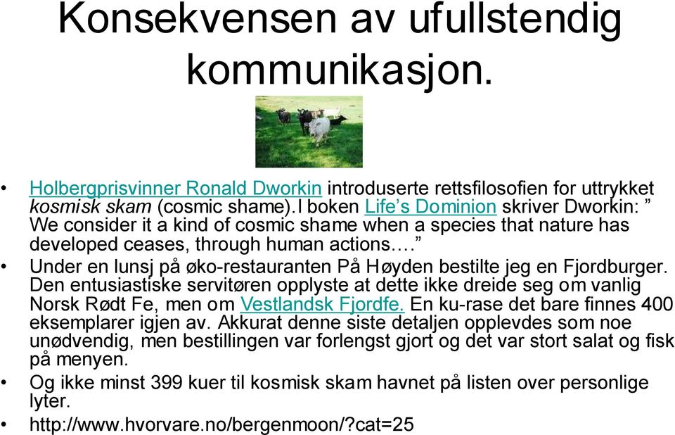 Under en lunsj på øko-restauranten På Høyden bestilte jeg en Fjordburger. Den entusiastiske servitøren opplyste at dette ikke dreide seg om vanlig Norsk Rødt Fe, men om Vestlandsk Fjordfe.