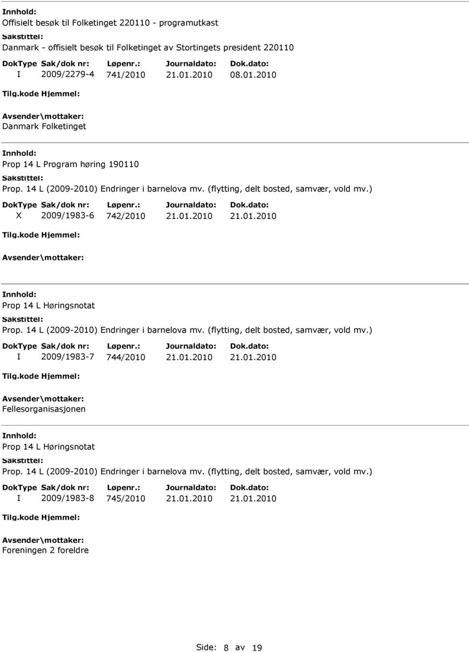 14 L (2009-2010) Endringer i barnelova mv. (flytting, delt bosted, samvær, vold mv.) 2009/1983-7 744/2010 Fellesorganisasjonen Prop 14 L Høringsnotat Prop.