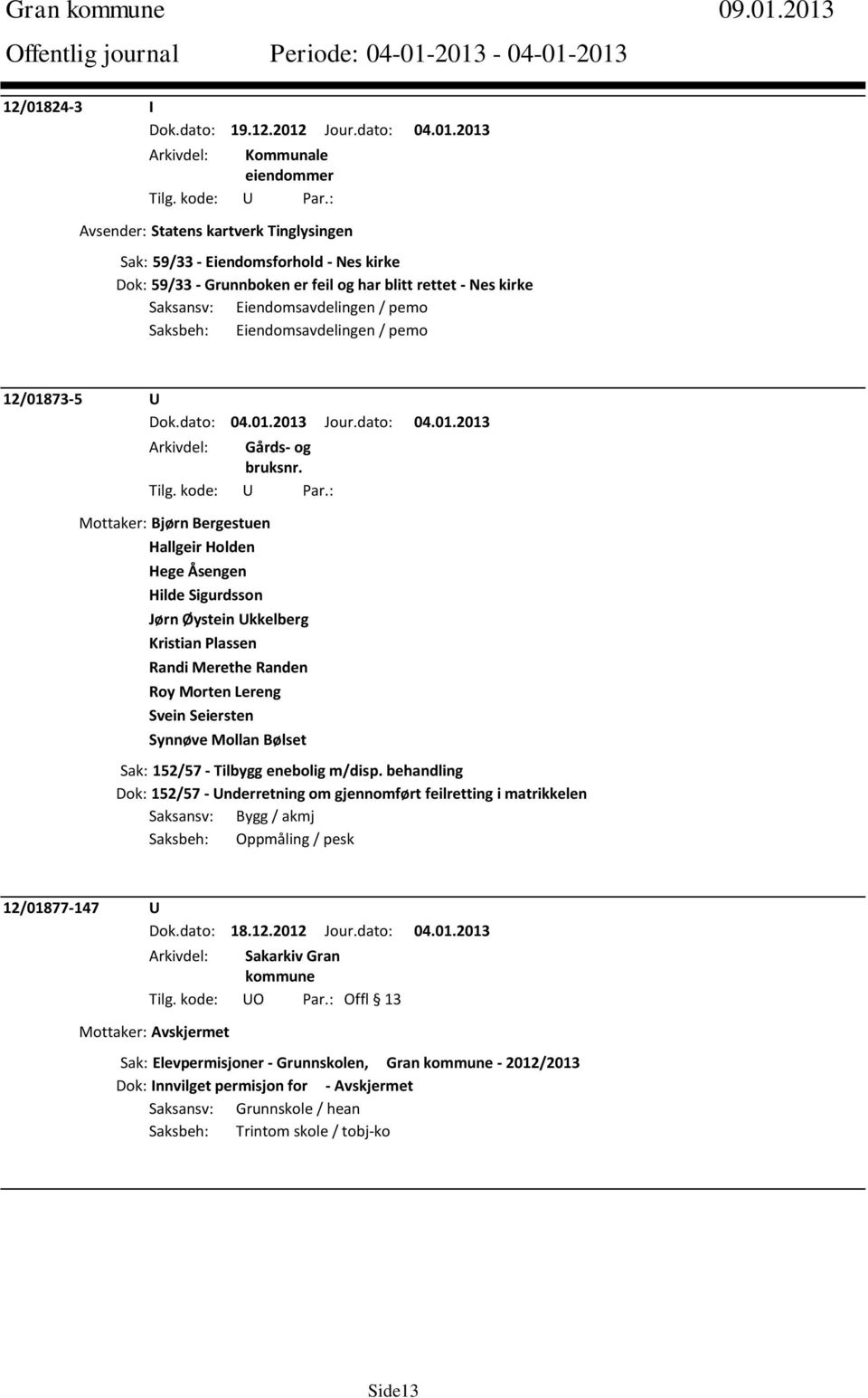 feil og har blitt rettet - Nes kirke Saksansv: Eiendomsavdelingen / pemo Saksbeh: Eiendomsavdelingen / pemo 12/01873-5 U Mottaker: Bjørn Bergestuen Hallgeir Holden Hege Åsengen Hilde Sigurdsson Jørn