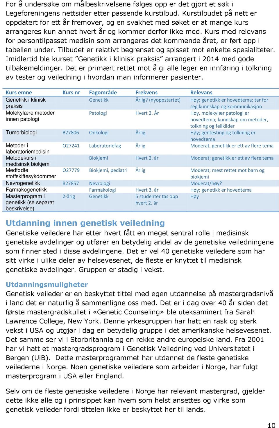 Kurs med relevans for persontilpasset medisin som arrangeres det kommende året, er ført opp i tabellen under. Tilbudet er relativt begrenset og spisset mot enkelte spesialiteter.