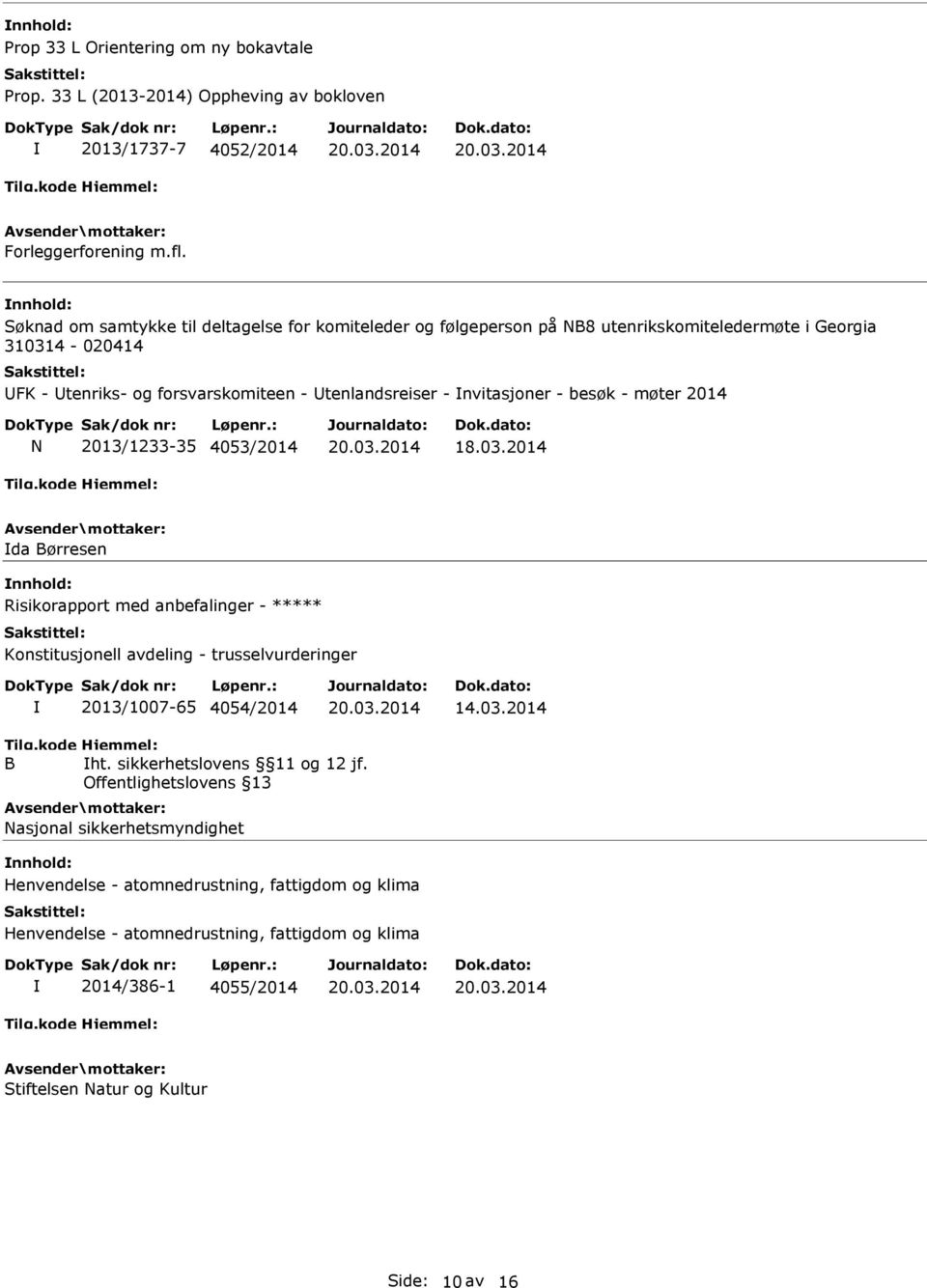 besøk - møter 2014 N 2013/1233-35 4053/2014 da Børresen Risikorapport med anbefalinger - ***** Konstitusjonell avdeling - trusselvurderinger 2013/1007-65 4054/2014 14.03.2014 Tilg.