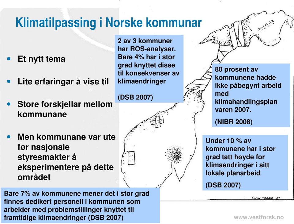 (NIBR 2008) Men kommunane var ute før nasjonale styresmakter å eksperimentere på dette området Bare 7% av kommunene mener det i stor grad finnes dedikert personell i