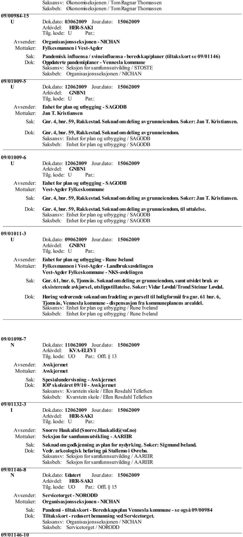 Seksjon for samfunnsutvikling / STOSTE Saksbeh: Organisasjonsseksjonen / NICHAN 09/01009-5 U Dok.dato: 12062009 Jour.dato: Enhet for plan og utbygging - SAGODB Jan T. Kristiansen Gnr. 4, bnr.