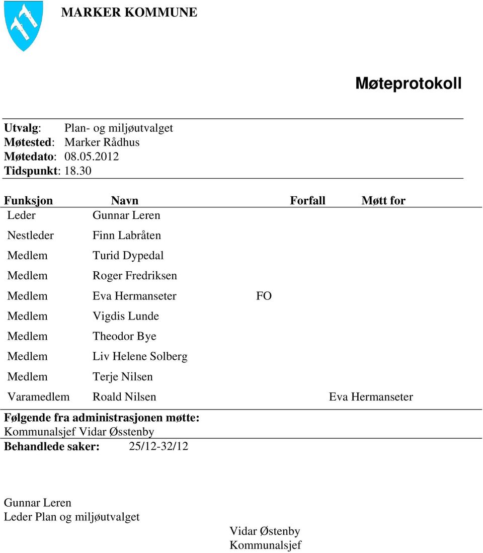 Vigdis Lunde Theodor Bye Liv Helene Solberg Terje Nilsen Varamedlem Roald Nilsen Eva Hermanseter Følgende fra administrasjonen