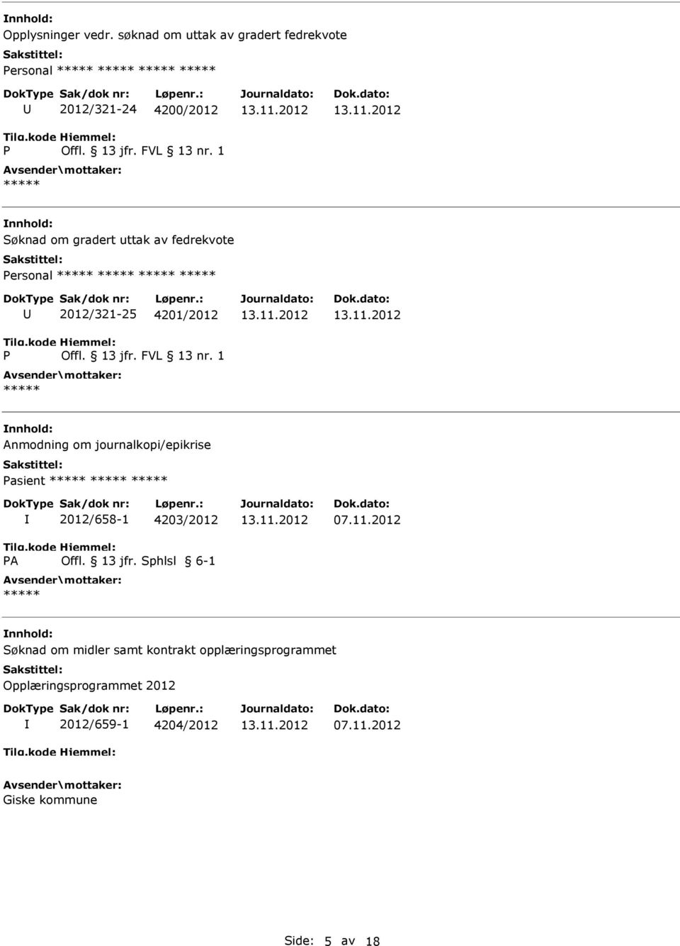 fedrekvote ersonal 2012/321-25 4201/2012 Anmodning om journalkopi/epikrise asient A 2012/658-1