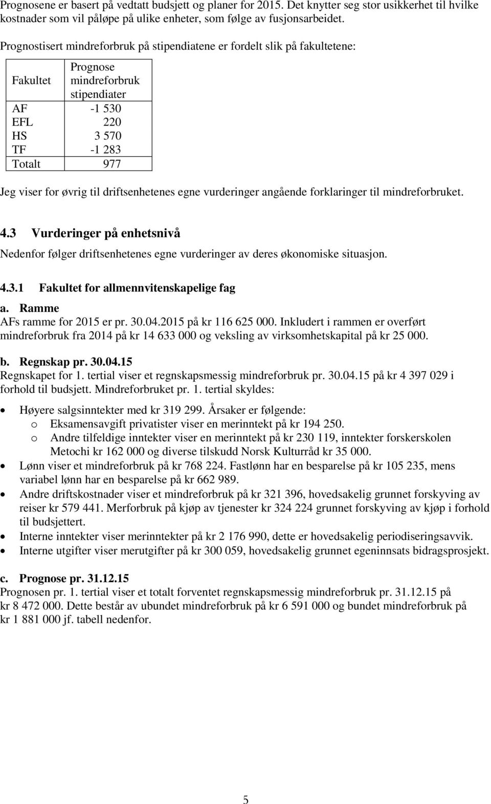 driftsenhetenes egne vurderinger angående frklaringer til mindrefrbruket. 4.3 Vurderinger på enhetsnivå Nedenfr følger driftsenhetenes egne vurderinger av deres øknmiske situasjn. 4.3.1 Fakultet fr allmennvitenskapelige fag a.