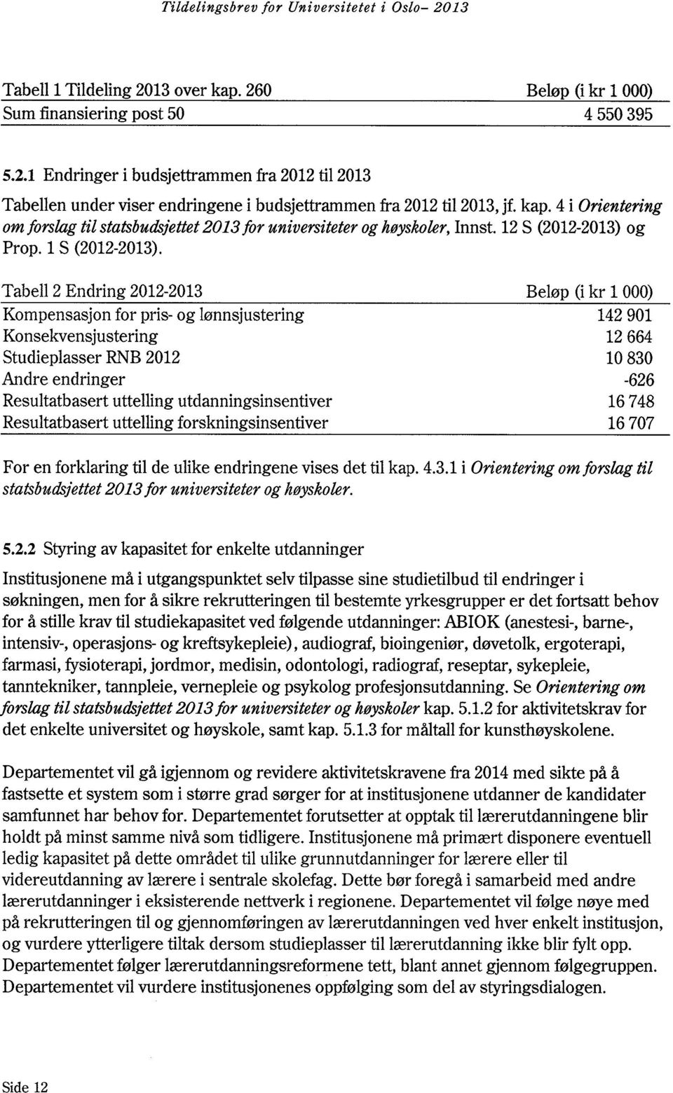 Tabell 2 Endring 2012-2013 Beløp (i kr 1000) Kompensasjon for pris- og lønnsjustering 142 901 Konsekvensjustering 12 664 Studieplasser RNB 2012 10 830 Andre endringer -626 Resultatbasert uttelling