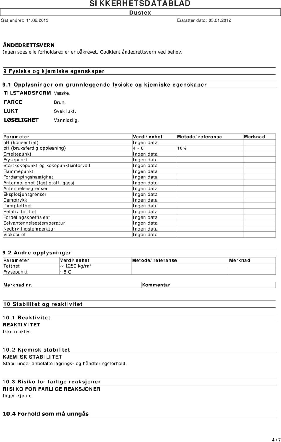 Parameter Verdi/enhet Metode/referanse Merknad ph (konsentrat) ph (bruksferdig oppløsning) 4-8 10% Smeltepunkt Frysepunkt Startkokepunkt og kokepunktsintervall Flammepunkt Fordampingshastighet