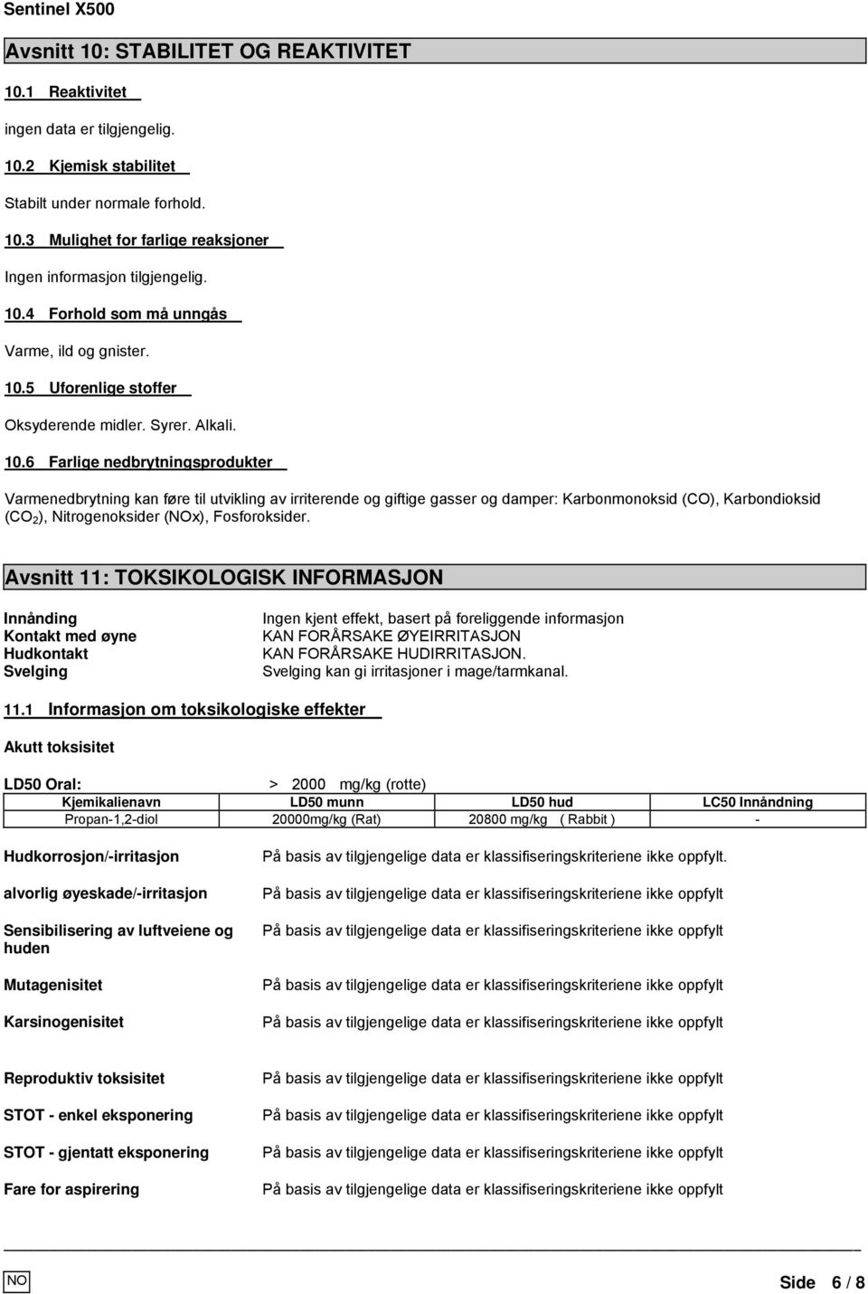 6 Farlige nedbrytningsprodukter Varmenedbrytning kan føre til utvikling av irriterende og giftige gasser og damper: Karbonmonoksid (CO), Karbondioksid (CO 2 ), Nitrogenoksider (NOx), Fosforoksider.