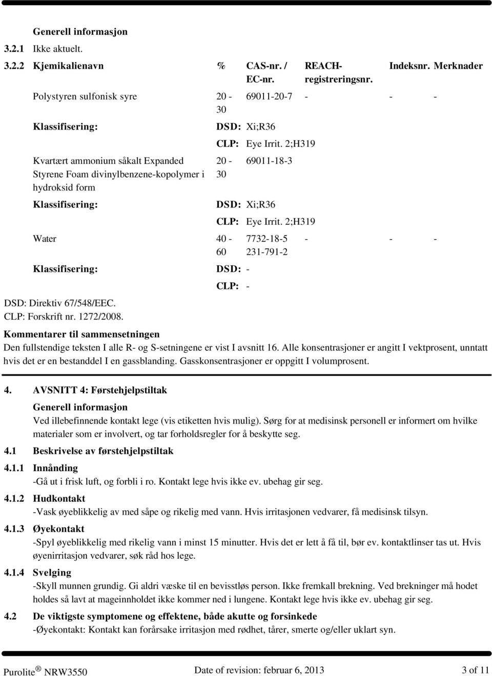 Merknader 69011-20-7 - - - CLP: Eye Irrit. 2;H319 20-30 Water 40-60 69011-18-3 DSD: Xi;R36 Klassifisering: DSD: - DSD: Direktiv 67/548/EEC. CLP: Forskrift nr. 1272/2008. CLP: Eye Irrit. 2;H319 CLP: - 7732-18-5 231-791-2 - - - Kommentarer til sammensetningen Den fullstendige teksten I alle R- og S-setningene er vist I avsnitt 16.