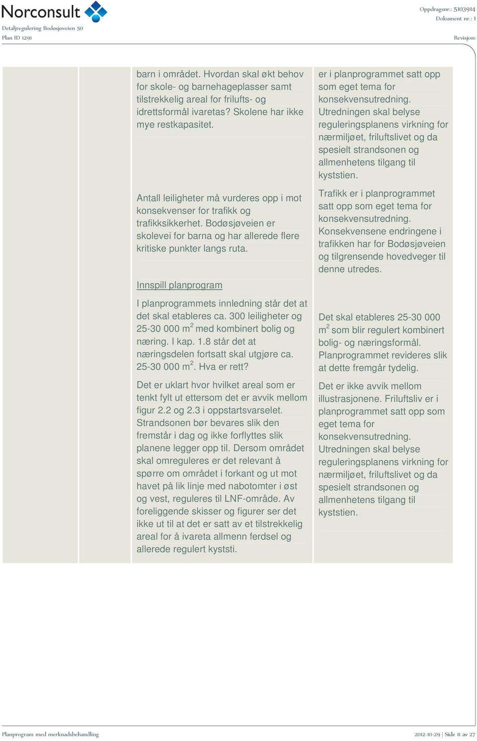 Innspill planprogram I planprogrammets innledning står det at det skal etableres ca. 300 leiligheter og 25-30 000 m 2 med kombinert bolig og næring. I kap. 1.