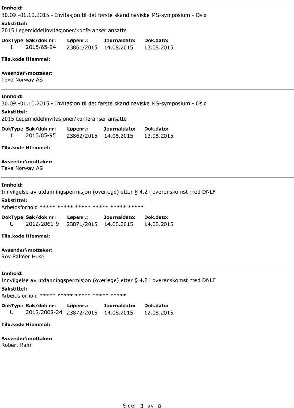 2015 - nvitasjon til det første skandinaviske MS-symposium - Oslo 2015 Legemiddelinvitasjoner/konferanser ansatte 2015/85-95 23862/2015 Teva Norway AS nnvilgelse av