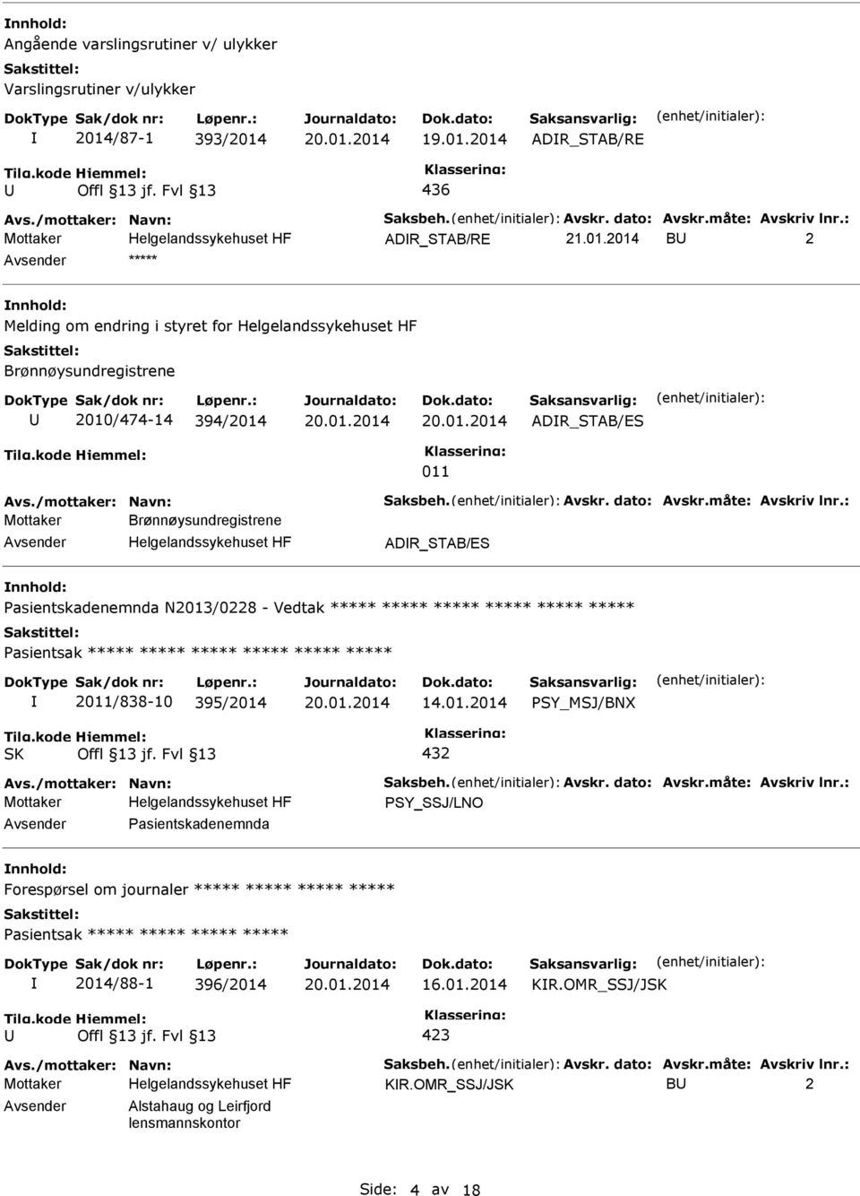 : Mottaker Brønnøysundregistrene ADR_STAB/ES nnhold: asientskadenemnda N2013/0228 - Vedtak ***** ***** ***** ***** ***** ***** asientsak ***** ***** ***** ***** ***** ***** 2011/838-10 395/2014 14.01.2014 SY_MSJ/BNX SK 432 Avs.