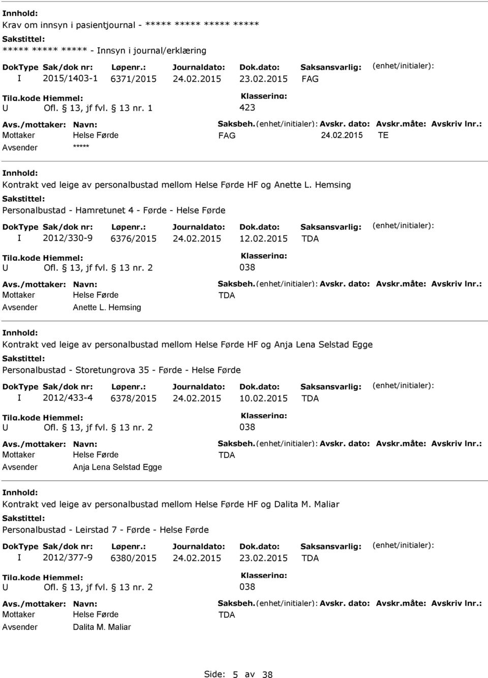 2 038 TDA Anette L. Hemsing Kontrakt ved leige av personalbustad mellom HF og Anja Lena Selstad Egge ersonalbustad - Storetungrova 35 - Førde - 2012/433-4 6378/2015 10.02.2015 TDA Ofl.