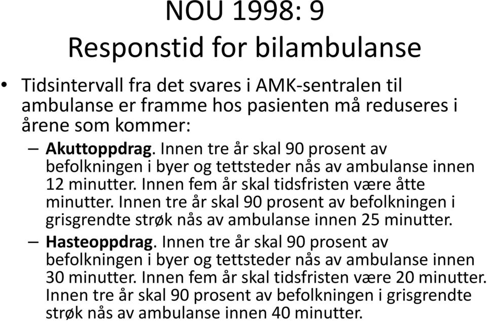 Innen tre år skal 90 prosent av befolkningen i grisgrendte strøk nås av ambulanse innen 25 minutter. Hasteoppdrag.