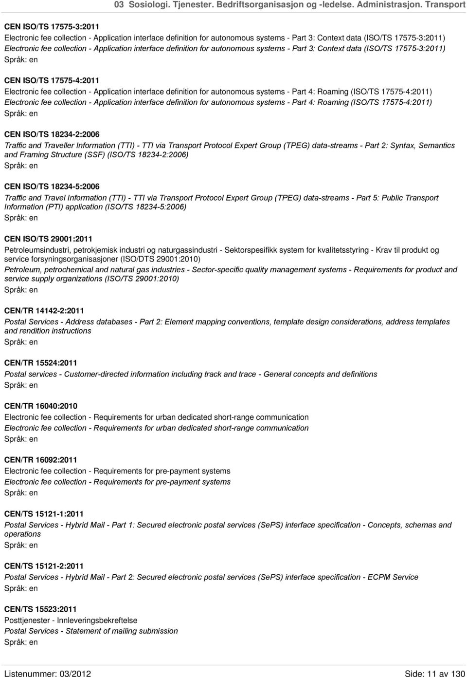 Application interface definition for autonomous systems - Part 3: Context data (ISO/TS 17575-3:2011) CEN ISO/TS 17575-4:2011 Electronic fee collection - Application interface definition for