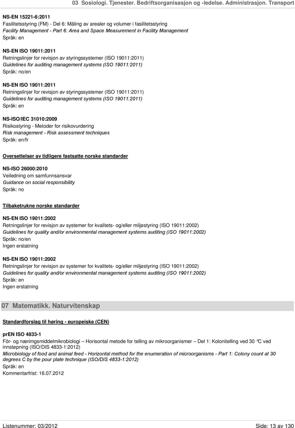 19011:2011 Retningslinjer for revisjon av styringssystemer (ISO 19011:2011) Guidelines for auditing management systems (ISO 19011:2011) Språk: no/en NS-EN ISO 19011:2011 Retningslinjer for revisjon