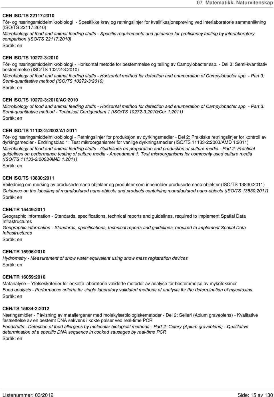 Microbiology of food and animal feeding stuffs - Specific requirements and guidance for proficiency testing by interlaboratory comparison (ISO/TS 22117:2010) CEN ISO/TS 10272-3:2010 Fôr- og