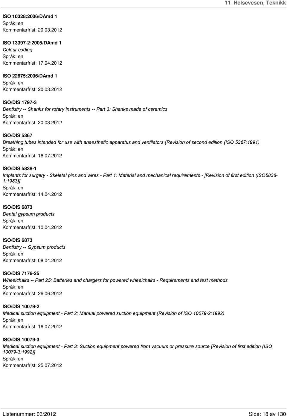 2012 ISO/DIS 5838-1 Implants for surgery - Skeletal pins and wires - Part 1: Material and mechanical requirements - [Revision of first edition (ISO5838-1:1983)] Kommentarfrist: 14.04.