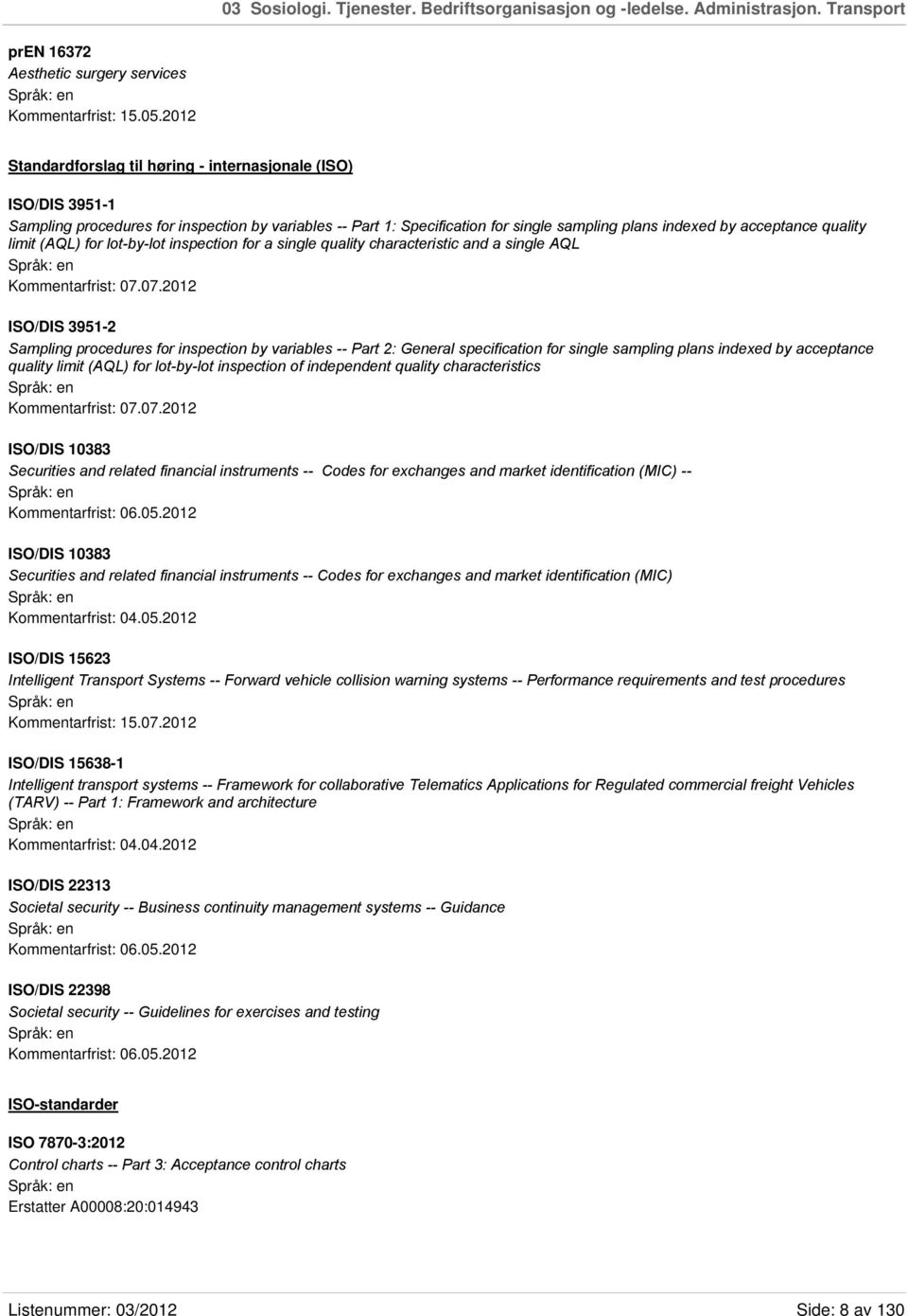 limit (AQL) for lot-by-lot inspection for a single quality characteristic and a single AQL Kommentarfrist: 07.