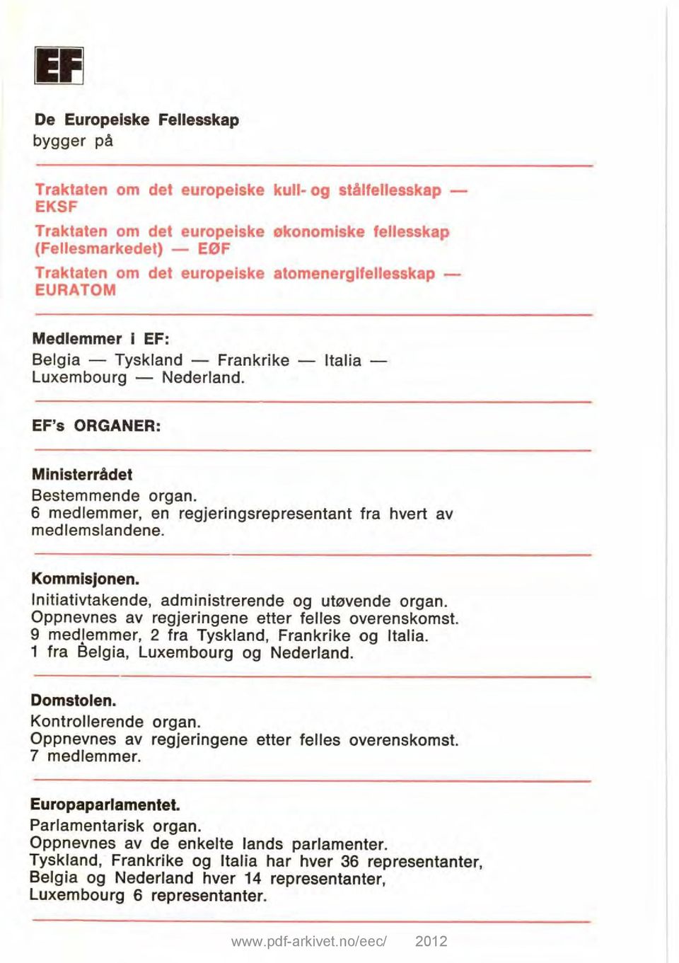 6 medlemmer, en regjeringsrepresentant fra hvert av medlemslandene. Kommisjonen. lnitiativtakende, administrerende og utøvende organ. Oppnevnes av regjeringene etter felles overenskomst.