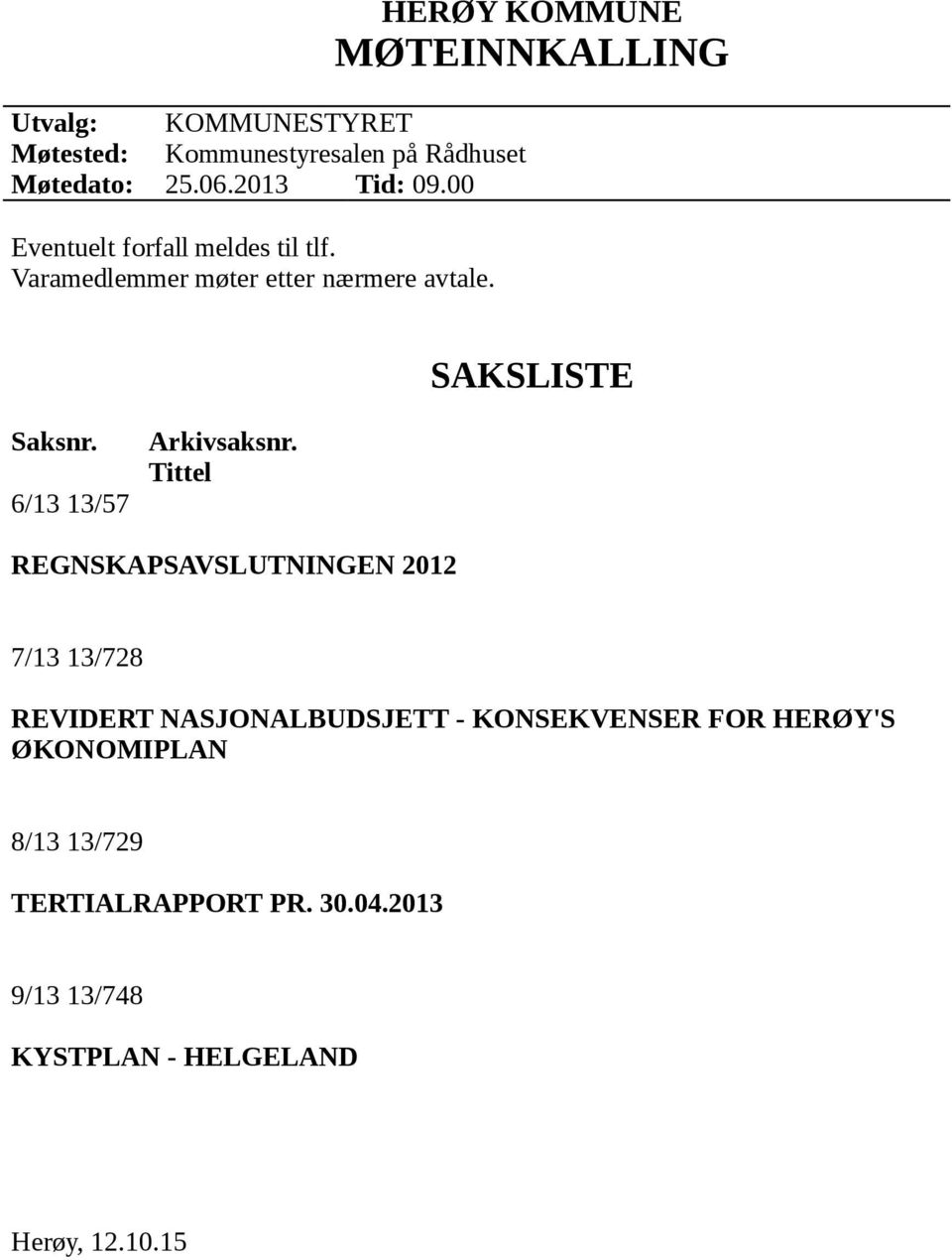 HERØY KOMMUNE MØTEINNKALLING SAKSLISTE Saksnr. 6/13 13/57 Arkivsaksnr.