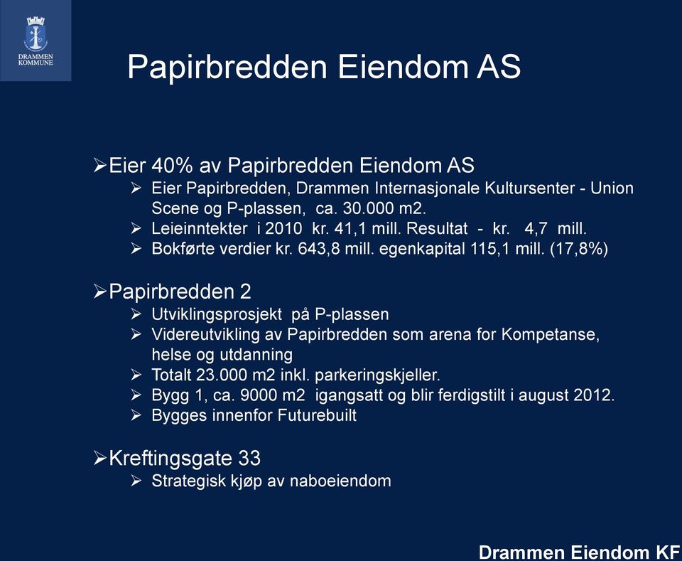 (17,8%) Papirbredden 2 Utviklingsprosjekt på P-plassen Videreutvikling av Papirbredden som arena for Kompetanse, helse og utdanning Totalt 23.