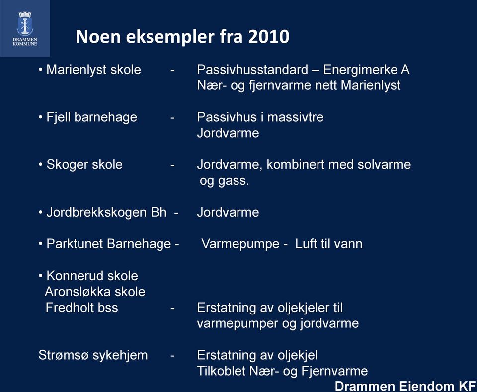 Jordbrekkskogen Bh - Parktunet Barnehage - Jordvarme Varmepumpe - Luft til vann Konnerud skole Aronsløkka skole