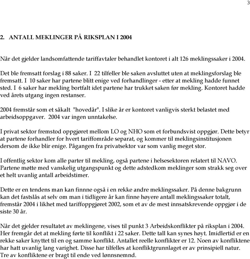 I 6 saker har mekling bortfalt idet partene har trukket saken før mekling. Kontoret hadde ved årets utgang ingen restanser. 2004 fremstår som et såkalt "hovedår".