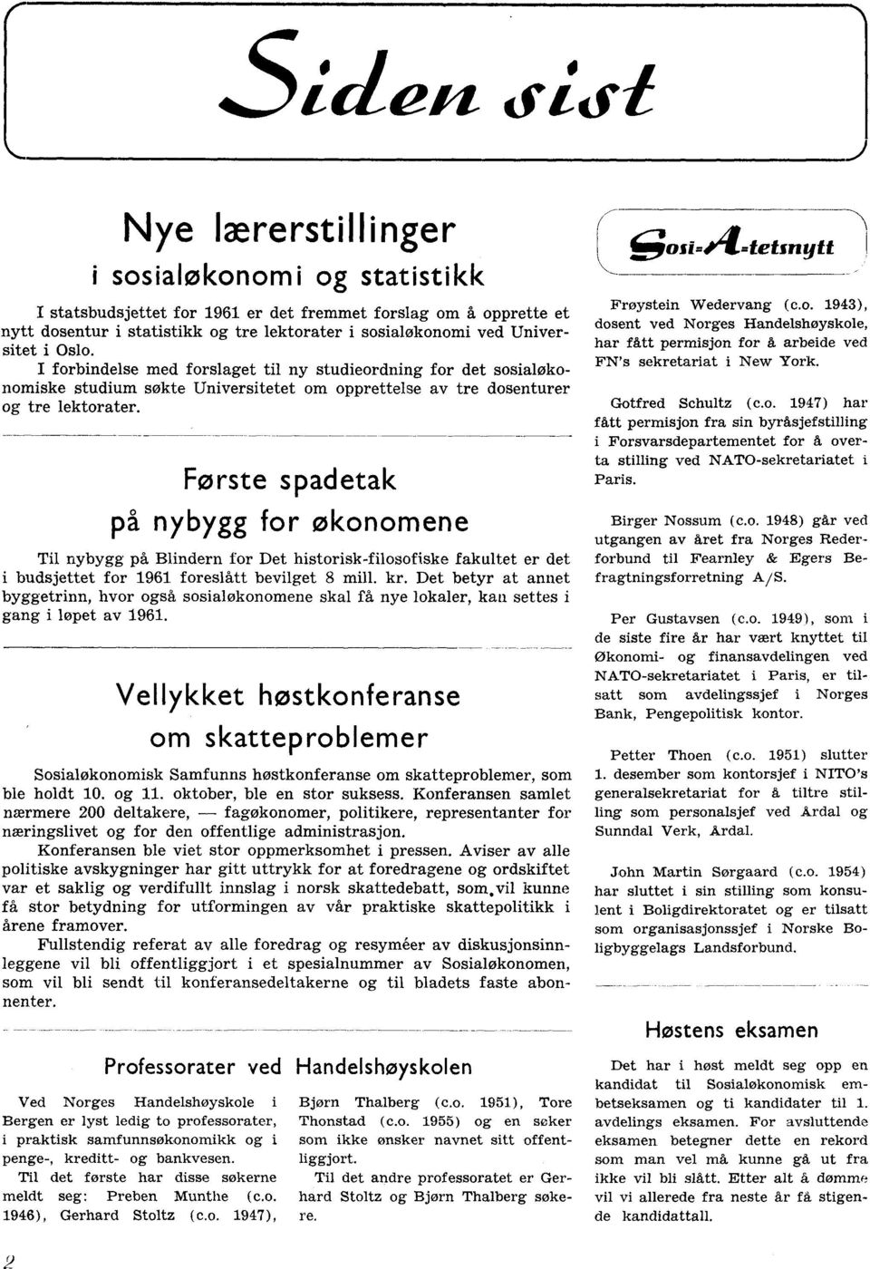 Forste spadetak på nybygg for økonomene Til nybygg på Blindern for Det historisk-filosofiske fakultet er det i budsjettet for 1961 foreslått bevilget 8 mill. kr.