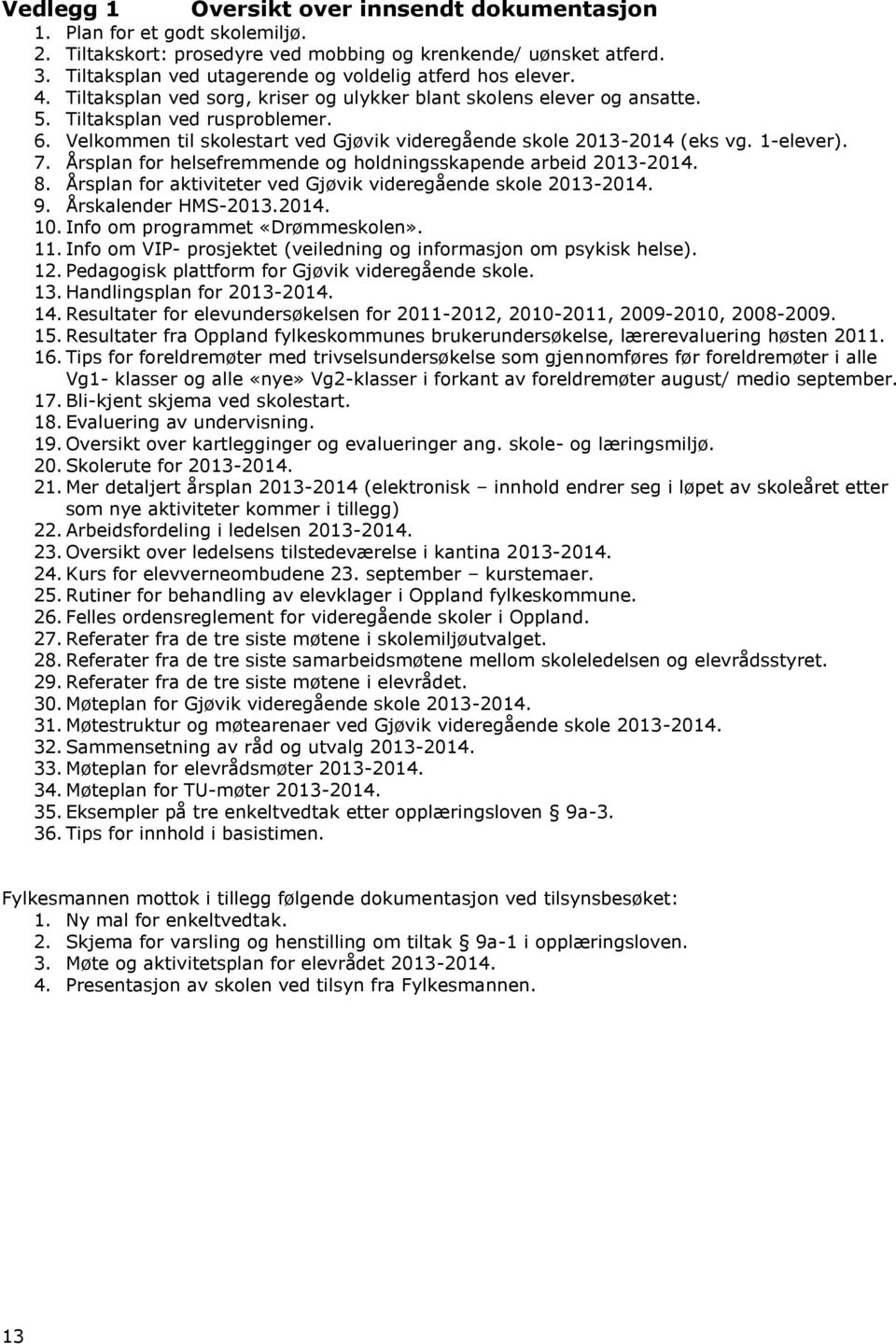 Velkommen til skolestart ved Gjøvik videregående skole 2013-2014 (eks vg. 1-elever). 7. Årsplan for helsefremmende og holdningsskapende arbeid 2013-2014. 8.