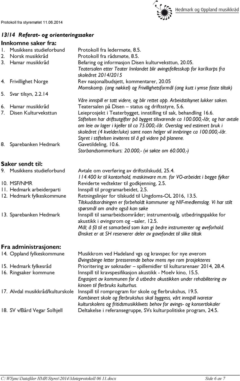 Frivillighet Norge Rev nasjonalbudsjett, kommentarer, 20.05 Momskomp. (ang nøkkel) og Frivillighetsformål (ang kutt i ymse faste tiltak) 5. Svar tilsyn, 2.2.14 Våre innspill er tatt videre, og blir rettet opp.