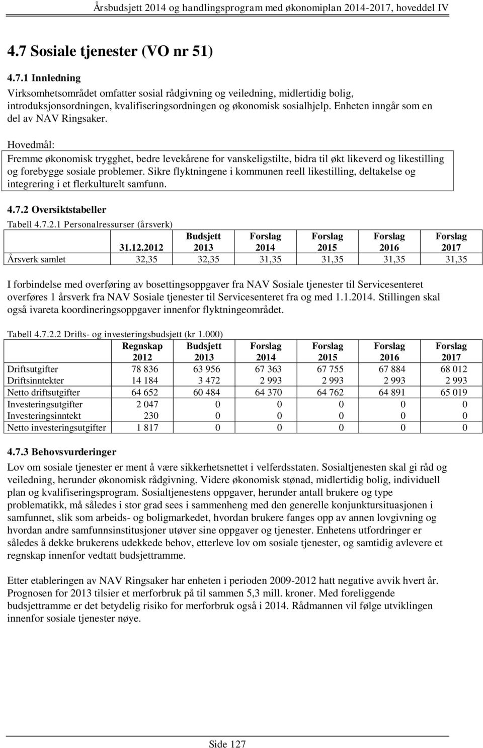 Sikre flyktningene i kommunen reell likestilling, deltakelse og integrering i et flerkulturelt samfunn. 4.7.2 Oversiktstabeller Tabell 4.7.2.1 Personalressurser (årsverk) 31.12.