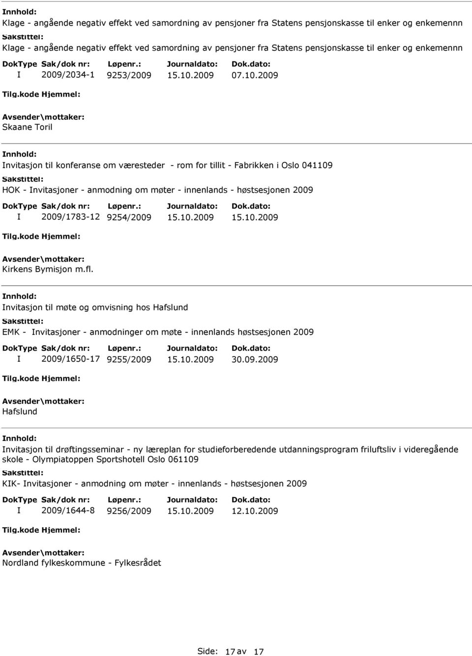 2009 Skaane Toril nnhold: nvitasjon til konferanse om væresteder - rom for tillit - Fabrikken i Oslo 041109 HOK - nvitasjoner - anmodning om møter - innenlands - høstsesjonen 2009 2009/1783-12