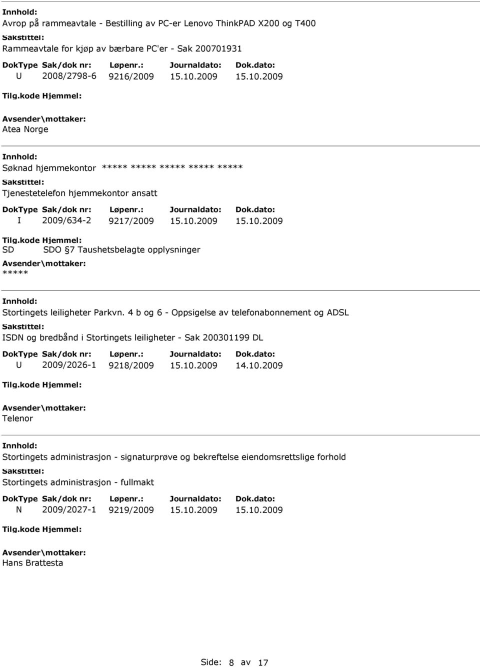 kode SD Hjemmel: SDO 7 Taushetsbelagte opplysninger ***** nnhold: Stortingets leiligheter Parkvn.