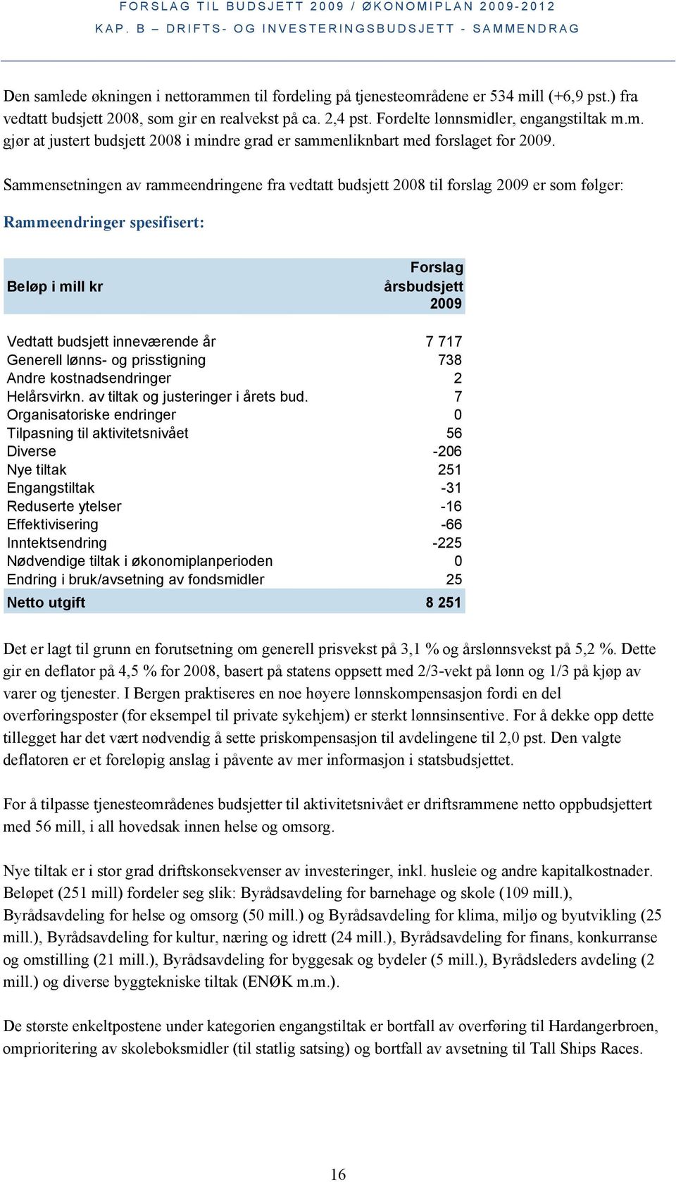 Sammensetningen av rammeendringene fra vedtatt budsjett 2008 til forslag 2009 er som følger: Rammeendringer spesifisert: Beløp i mill kr Forslag årsbudsjett 2009 Vedtatt budsjett inneværende år 7 717