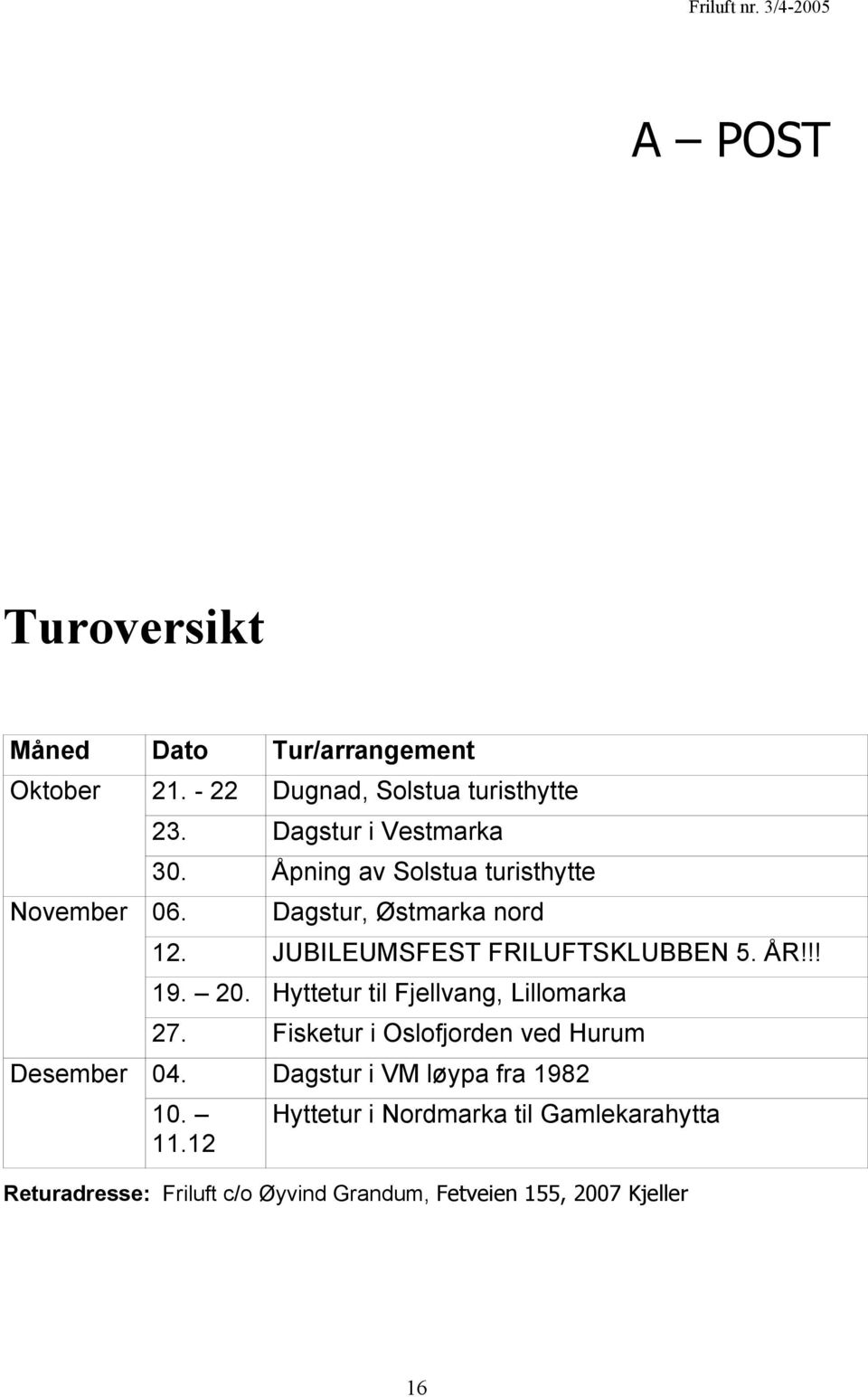 Hyttetur til Fjellvang, Lillomarka 27. Fisketur i Oslofjorden ved Hurum Desember 04. Dagstur i VM løypa fra 1982 10.